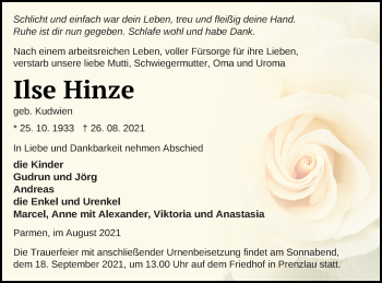 Traueranzeige von Ilse Hinze von Prenzlauer Zeitung