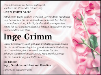 Traueranzeige von Inge Grimm von Vorpommern Kurier