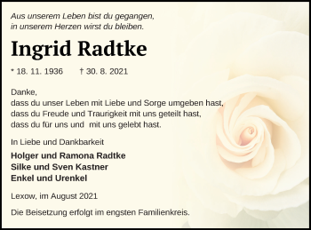 Traueranzeige von Ingrid Radtke von Müritz-Zeitung