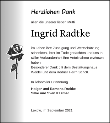 Traueranzeige von Ingrid Radtke von Müritz-Zeitung