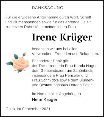 Traueranzeige von Irene Krüger von Strelitzer Zeitung