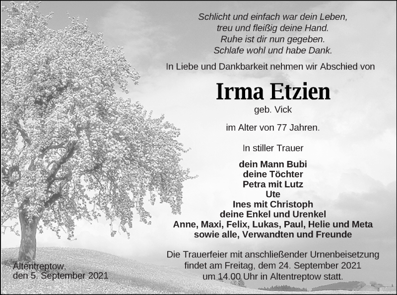  Traueranzeige für Irma Etzien vom 10.09.2021 aus Neubrandenburger Zeitung