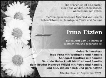 Traueranzeige von Irma Etzien von Neubrandenburger Zeitung