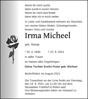 Traueranzeige von Irma Micheel von Müritz-Zeitung