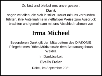 Traueranzeige von Irma Micheel von Müritz-Zeitung