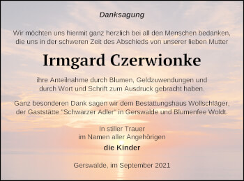 Traueranzeige von Irmgard Czerwionke von Templiner Zeitung