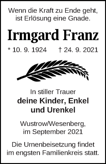 Traueranzeige von Irmgard Franz von Strelitzer Zeitung