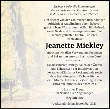 Traueranzeige von Jeanette Miekley von Haff-Zeitung