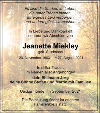 Traueranzeige von Jeanette Miekley von Haff-Zeitung