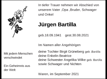 Traueranzeige von Jürgen Bartilla von Müritz-Zeitung