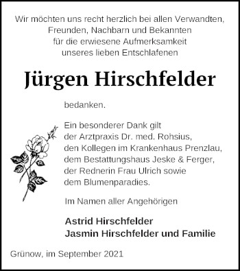 Traueranzeige von Jürgen Hirschfelder von Prenzlauer Zeitung