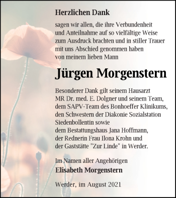 Traueranzeige von Jürgen Morgenstern von Neubrandenburger Zeitung