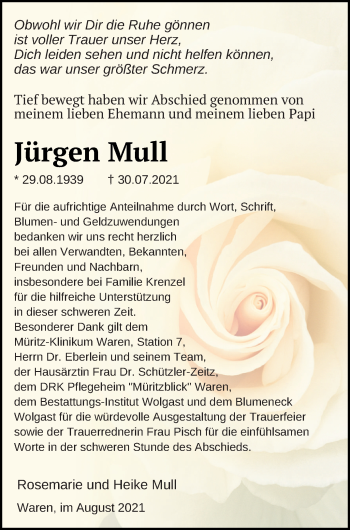 Traueranzeige von Jürgen Mull von Müritz-Zeitung