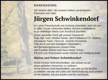 Traueranzeige von Jürgen Schwinkendorf von Neubrandenburger Zeitung