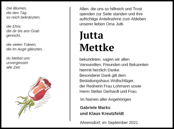 Traueranzeige von Jutta Mettke von Templiner Zeitung