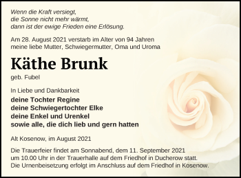 Traueranzeige von Käthe Brunk von Vorpommern Kurier