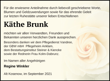 Traueranzeige von Käthe Brunk von Vorpommern Kurier