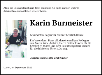 Traueranzeige von Karin Burmeister von Müritz-Zeitung