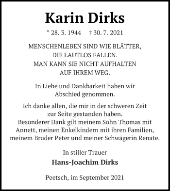 Traueranzeige von Karin Dirks von Strelitzer Zeitung