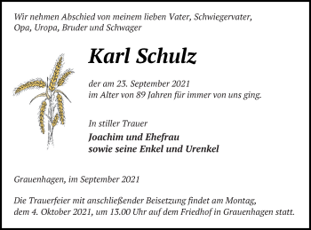 Traueranzeige von Karl Schulz von Strelitzer Zeitung