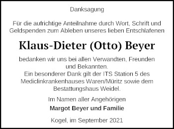 Traueranzeige von Klaus-Dieter Beyer von Müritz-Zeitung