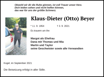 Traueranzeige von Klaus-Dieter Beyer von Müritz-Zeitung