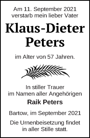 Traueranzeige von Klaus-Dieter Peters von Neubrandenburger Zeitung