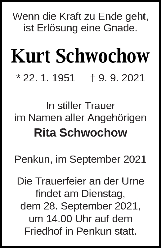  Traueranzeige für Kurt Schwochow vom 21.09.2021 aus Pasewalker Zeitung