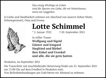 Traueranzeige von Lotte Schimmel von Mecklenburger Schweiz