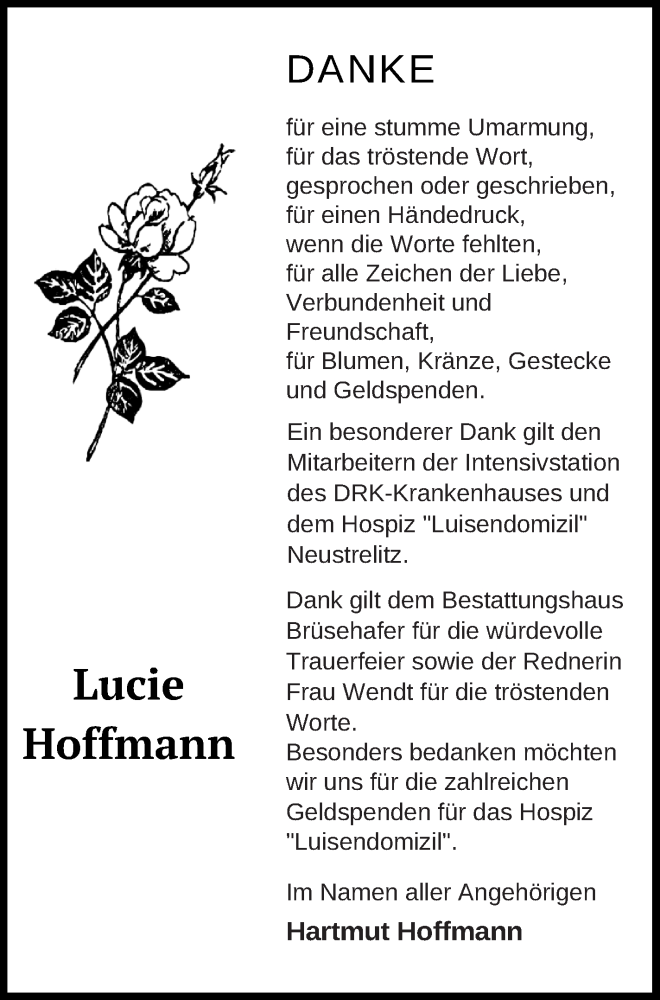  Traueranzeige für Lucie Hoffmann vom 04.09.2021 aus Strelitzer Zeitung
