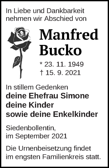 Traueranzeige von Manfred Bucko von Neubrandenburger Zeitung