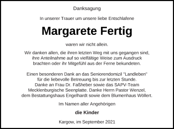 Traueranzeige von Margarete Fertig von Müritz-Zeitung