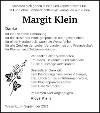 Traueranzeige von Margit Klein von Prenzlauer Zeitung