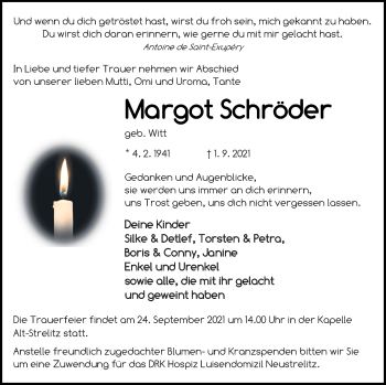 Traueranzeige von Margot Schröder von Strelitzer Zeitung