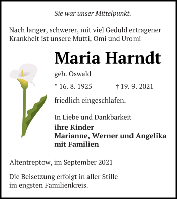 Traueranzeige von Maria Harndt von Neubrandenburger Zeitung