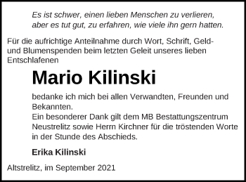 Traueranzeige von Mario Kilinski von Strelitzer Zeitung