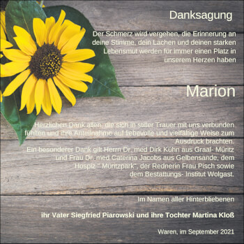 Traueranzeige von Marion  von Müritz-Zeitung