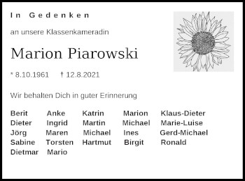 Traueranzeige von Marion Piarowski von Müritz-Zeitung