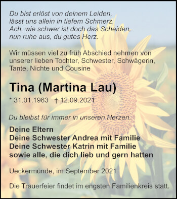 Traueranzeige von Martina Lau von Haff-Zeitung