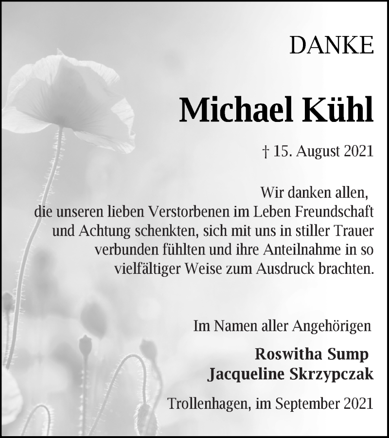  Traueranzeige für Michael Kühl vom 07.09.2021 aus Neubrandenburger Zeitung