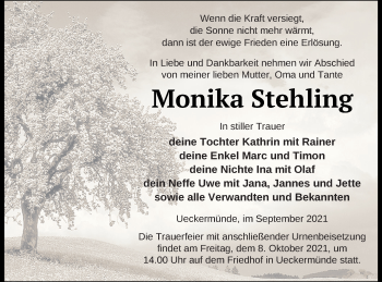 Traueranzeige von Monika Stehling von Haff-Zeitung