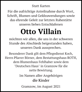 Traueranzeige von Otto Villain von Prenzlauer Zeitung