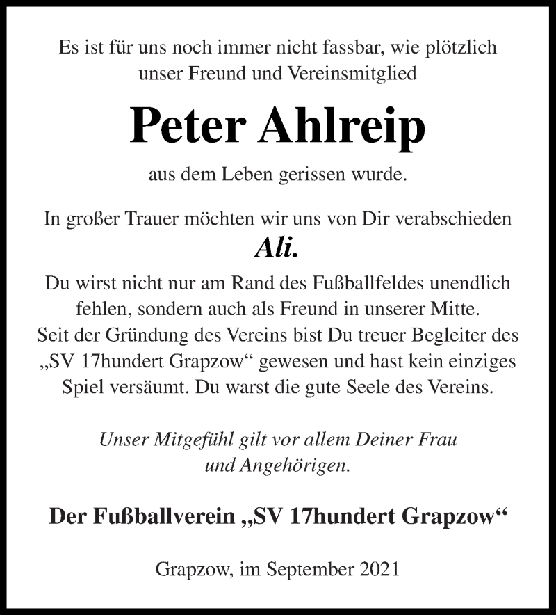  Traueranzeige für Peter Ahlreip vom 25.09.2021 aus Treptower Tageblatt