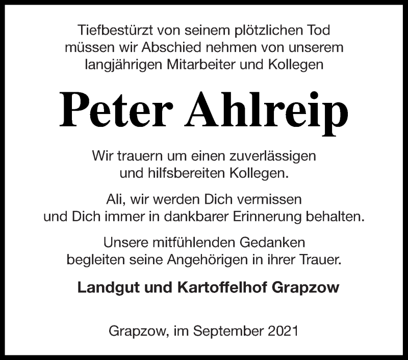  Traueranzeige für Peter Ahlreip vom 25.09.2021 aus Treptower Tageblatt