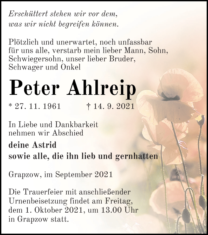  Traueranzeige für Peter Ahlreip vom 24.09.2021 aus Neubrandenburger Zeitung