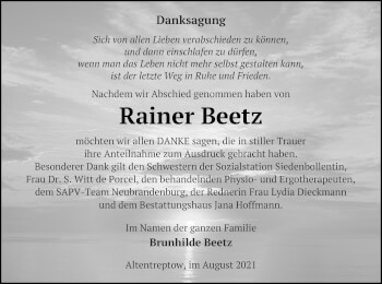 Traueranzeige von Rainer Beetz von Neubrandenburger Zeitung