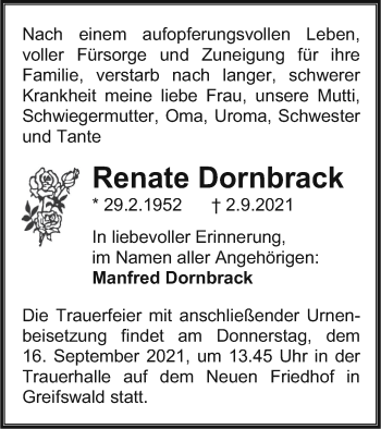 Traueranzeige von Renate Dornbrack von Vorpommern Kurier