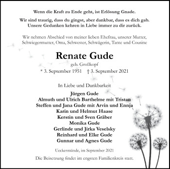 Traueranzeige von Renate Gude von Haff-Zeitung