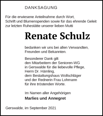 Traueranzeige von Renate Schulz von Templiner Zeitung