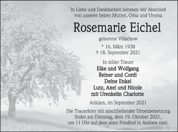 Traueranzeige von Rosemarie Eichel von Vorpommern Kurier